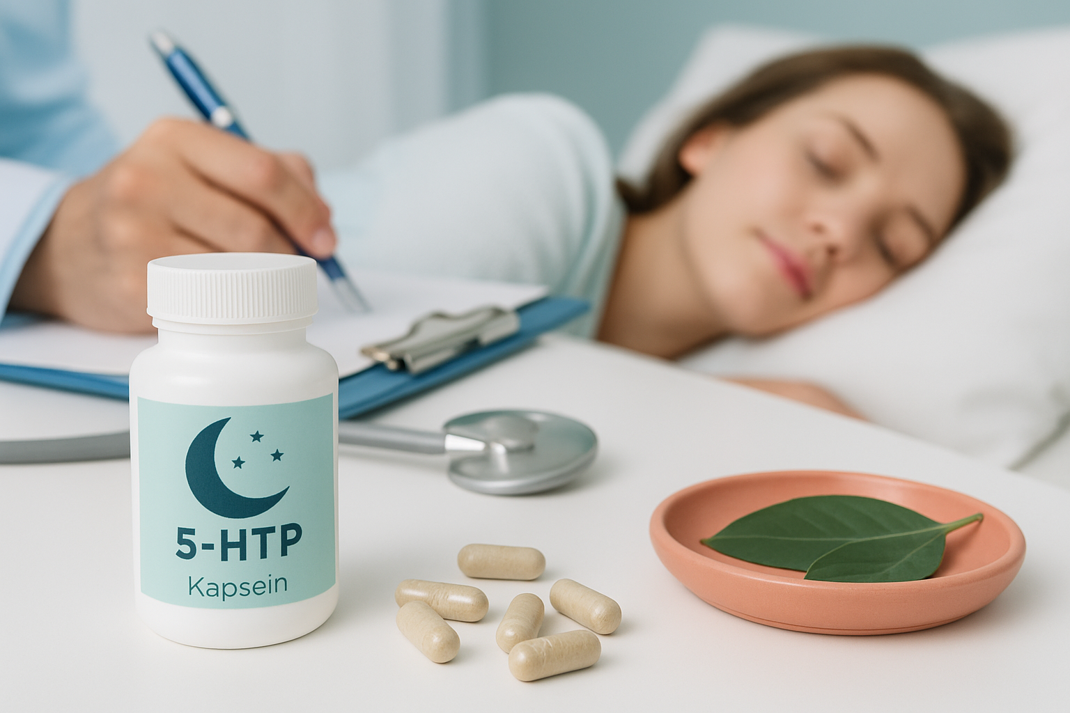 5-HTP Kapseln und Griffonia-Samen auf natürlichem Hintergrund für besseren Schlaf