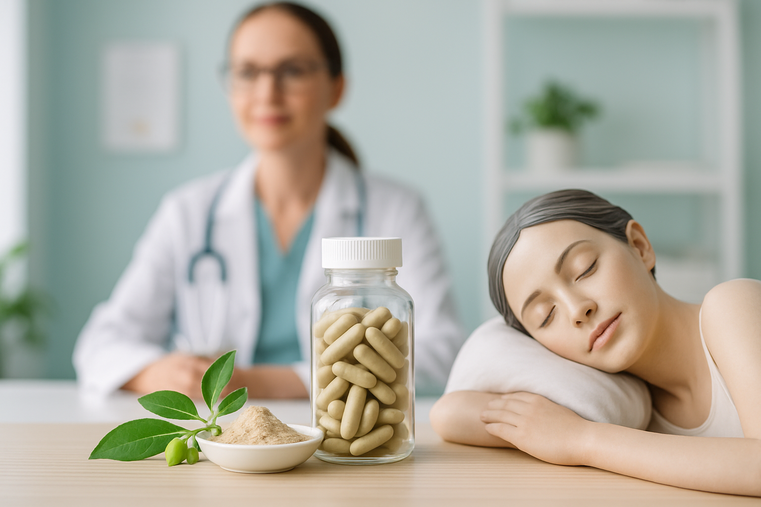 Ashwagandha-Wurzeln und Kapseln auf natürlichem Hintergrund als pflanzliches Schlafmittel