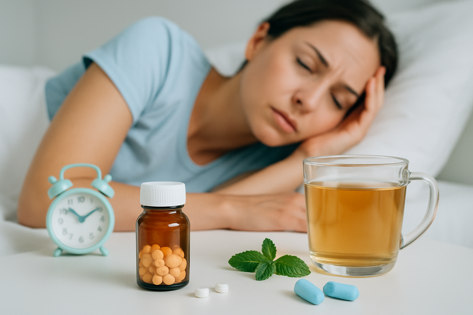 Person liegt wach im Bett und schaut auf Wecker – symbolisiert Einschlafprobleme