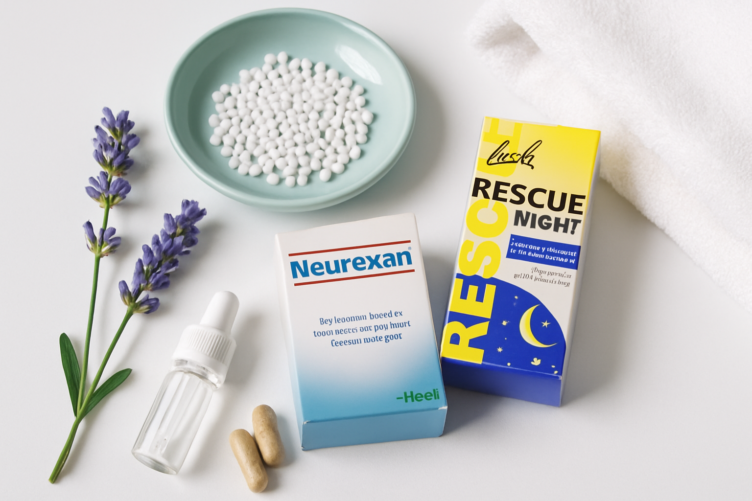 Homöopathische Schlafmittel Globuli und Tropfen auf natürlichem Untergrund