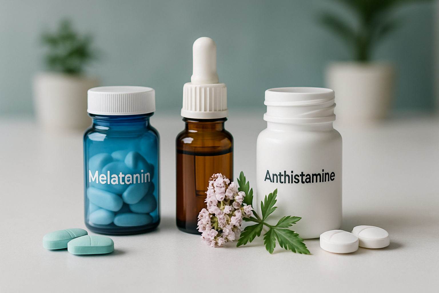 Verschiedene rezeptfreie Schlafmittel auf einem Tisch – Frage nach sicheren Kombinationen
